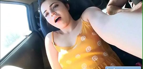  Young sexy teen brunette cutie Kylie finger fuck her juicy pussy in the car for a quick orgasm